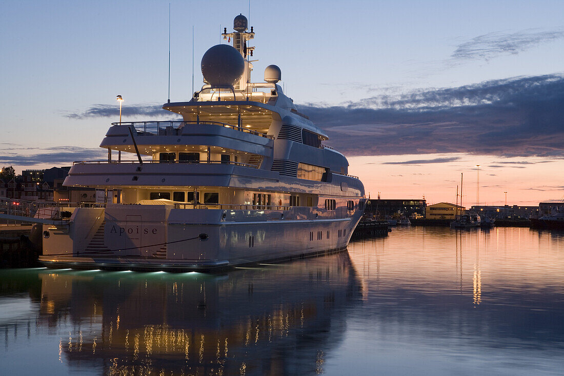 Luxury yacht Apoise at harbour at dusk, Reykjavik, Iceland, Europe