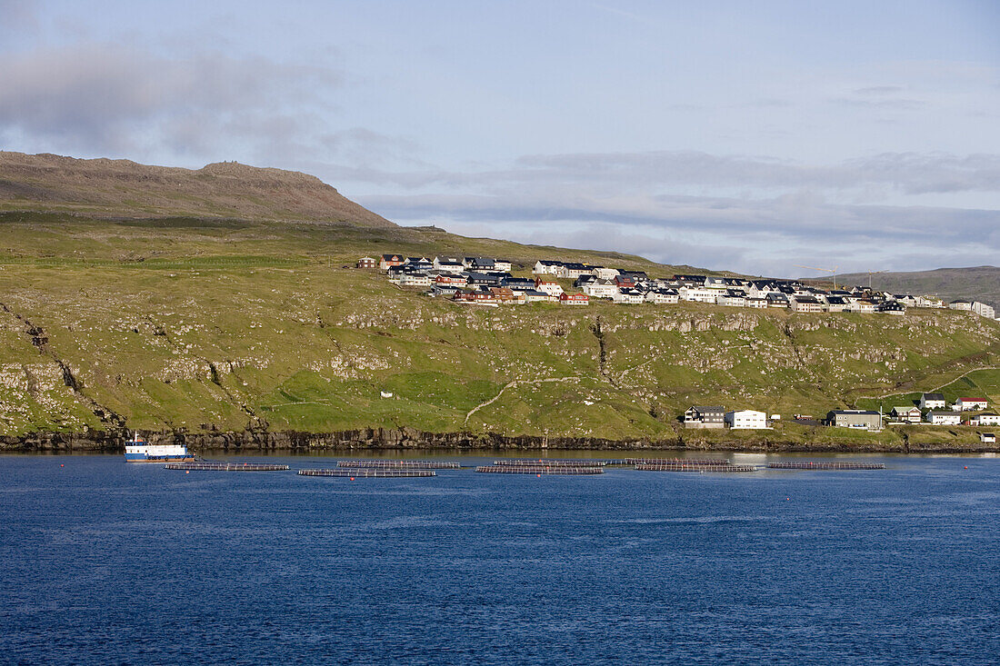 Fish farm in a bay and houses, Streymoy Island, Faroe Islands