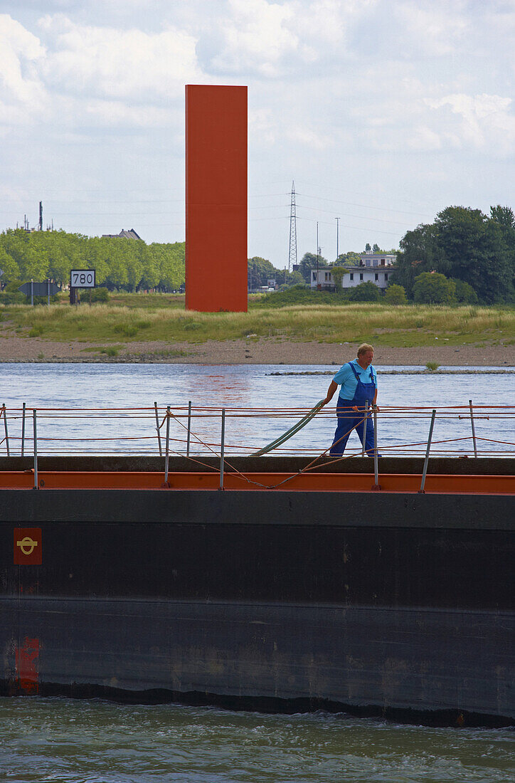 Sculpture of steel called R(h)ein-Orange, Confluence of Rhine and Ruhr, Duisburg Outport, Duisburg-Ruhrorter Häfen, Biggest inner port system of the world, Ruhrgebiet, North Rhine-Westphalia, Germany, Europe