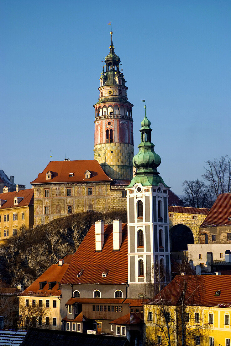 Round Tower and church tower in Cesky Krumlov Czech Republic Europe