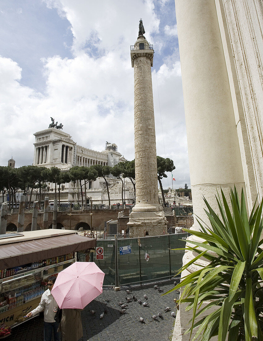Trajan´s Column,  in the background Vittorio Emanuele II monument Rome,  Italy