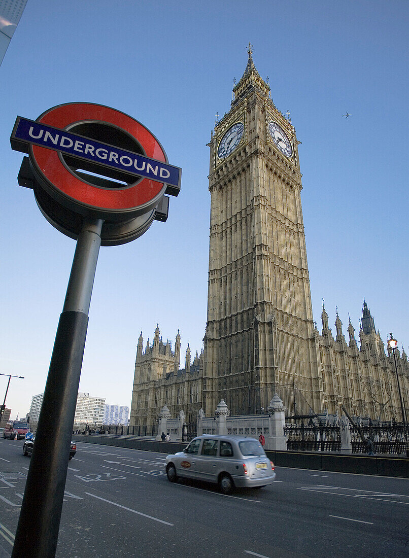 Westminster Underground Underground sign & Big Ben,  Westminster,  London,  UK