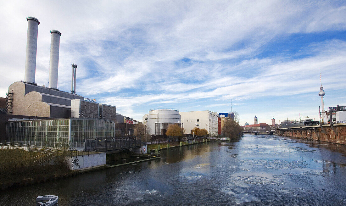 View of buildings from river Spree,  at bakground Television Tower,  Berlin,  Germany