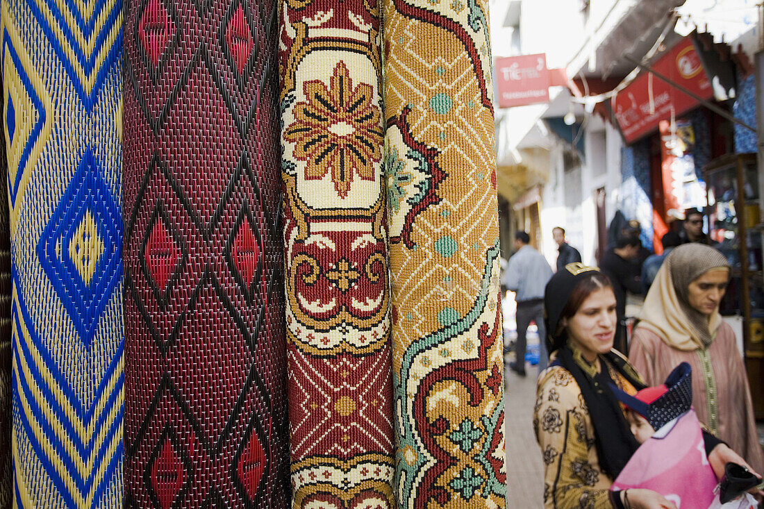 Carpets,  on background view of the medina in Sale,  near Rabat,  Morocco.