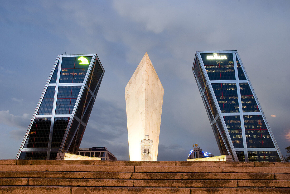 Monument to Calvo Sotelo and Kio Towers in Castilla Square,  Madrid. Spain