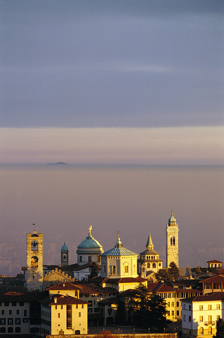 Bergamo,  Lombardy Italy View of the Medieval old town,  known as Citta Alta high town,  seen from San Vigilio