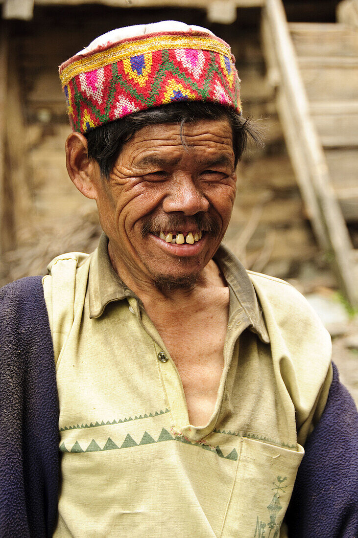 Man wearing a Kullu cap Malana,  Himachal Pradesh,  India