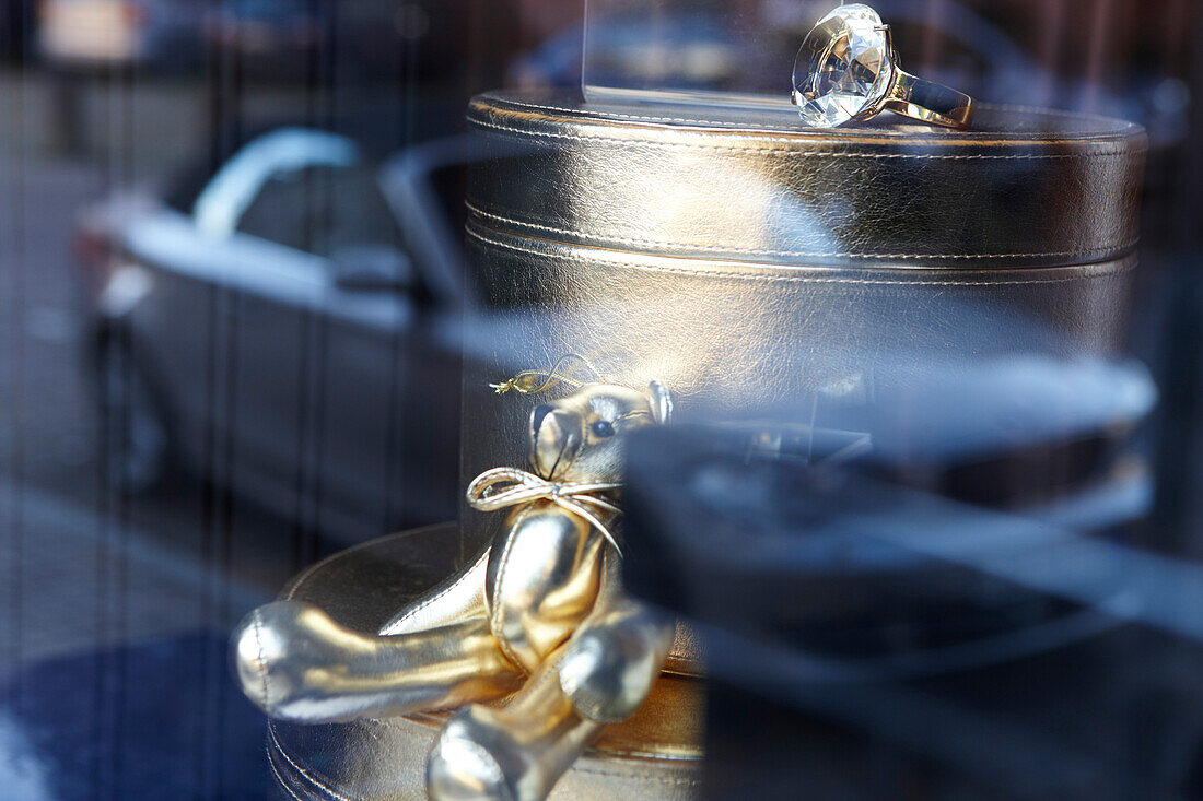 Reflection of a convertible on a shopwindow, Baden-Baden, Baden-Wuerttemberg, Germany
