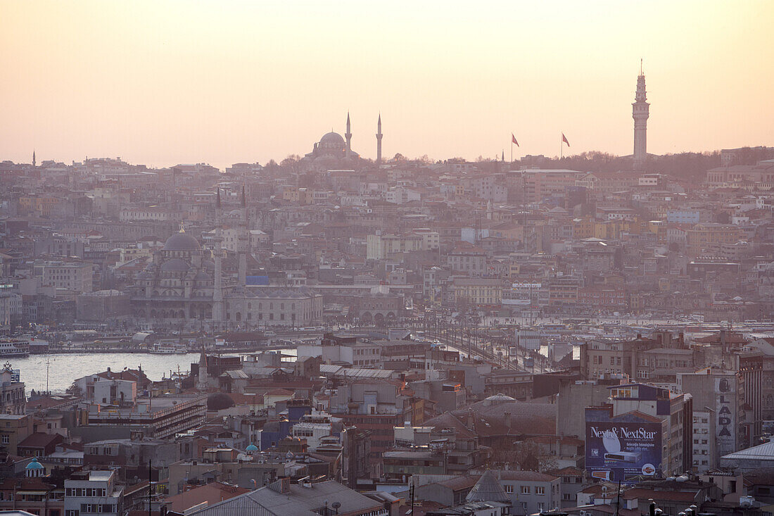 View towards Hagia Sofia and the Galata Bridge from the Beyoglu district towards Eminönü, Istanbul, Turkey
