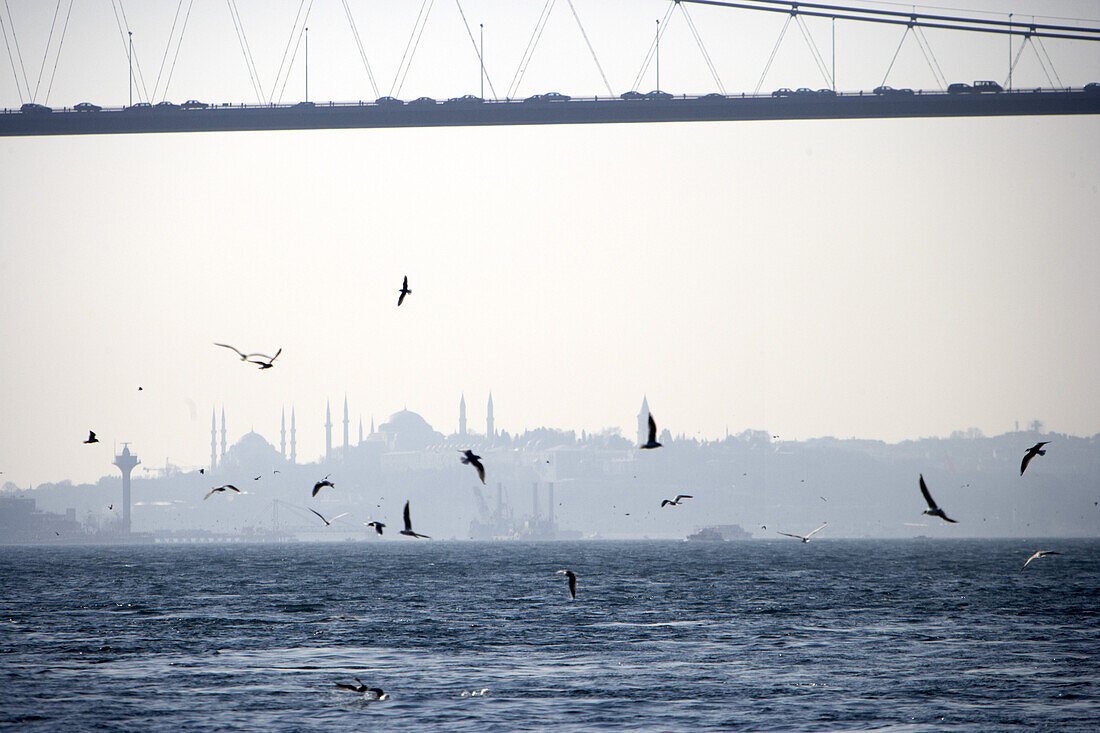 Bridge over the Bosporus, Skyline of the historic old town of Istanbul with Hagia Sofia, Istanbul, Turkey