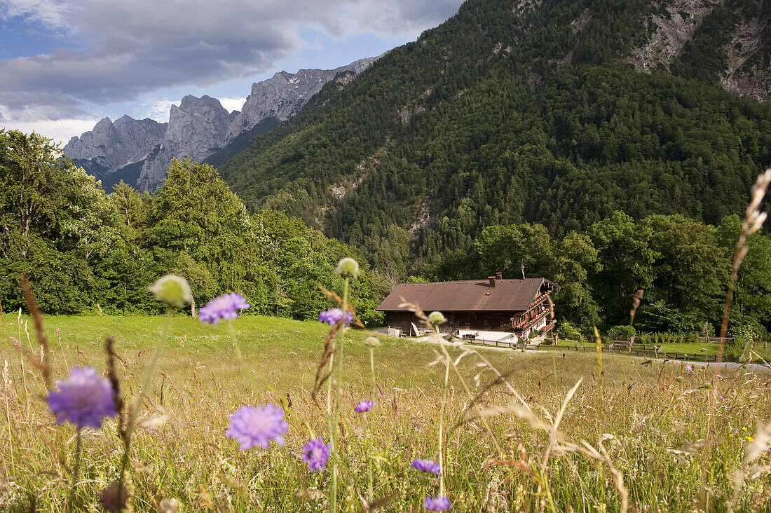 Old forester's lodge, mountain ridge Wilder Kaiser, Kaisertal, Ebbs, Tyrol, Austria