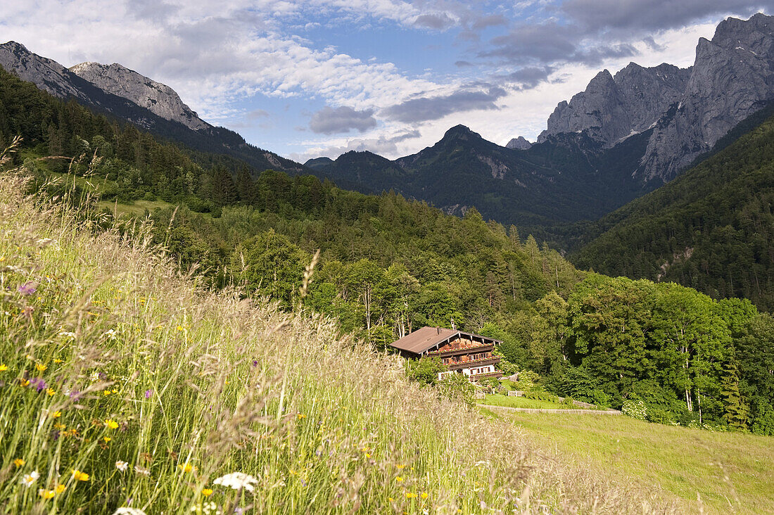 Altes Forsthaus, Wilder Kaiser im Hintergrund, Kaisertal, Ebbs, Tirol, Österreich