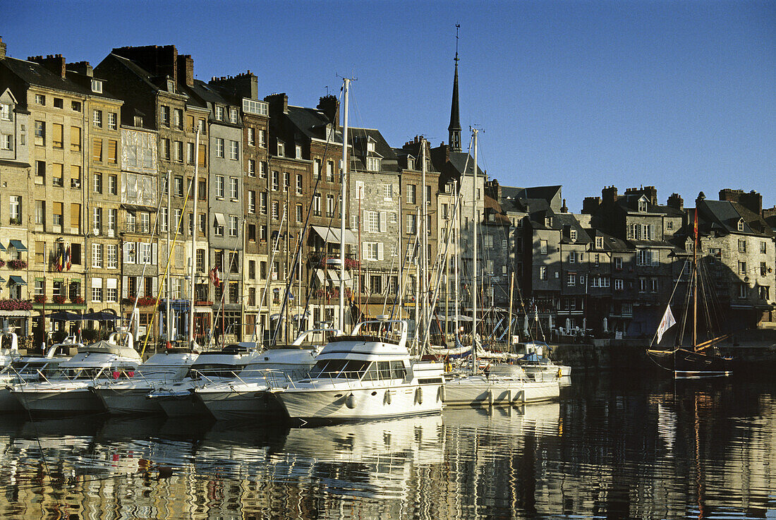 Boats at old harbour Vieux Port in the sunlight, Honfleur, Normandy, France, Europe