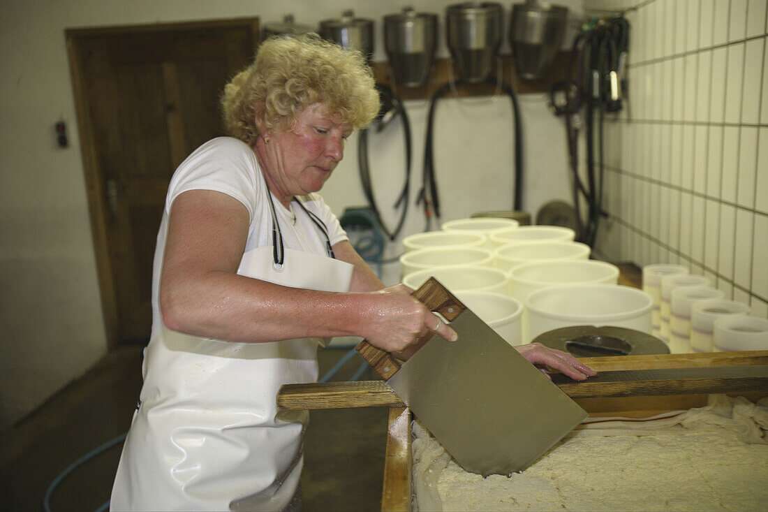 Producing cheese at the Laufbichl Alpe alpine dairy, Hintersteiner Tal, Bad Hindelang, Allgau, Swabia, Bavaria, Germany
