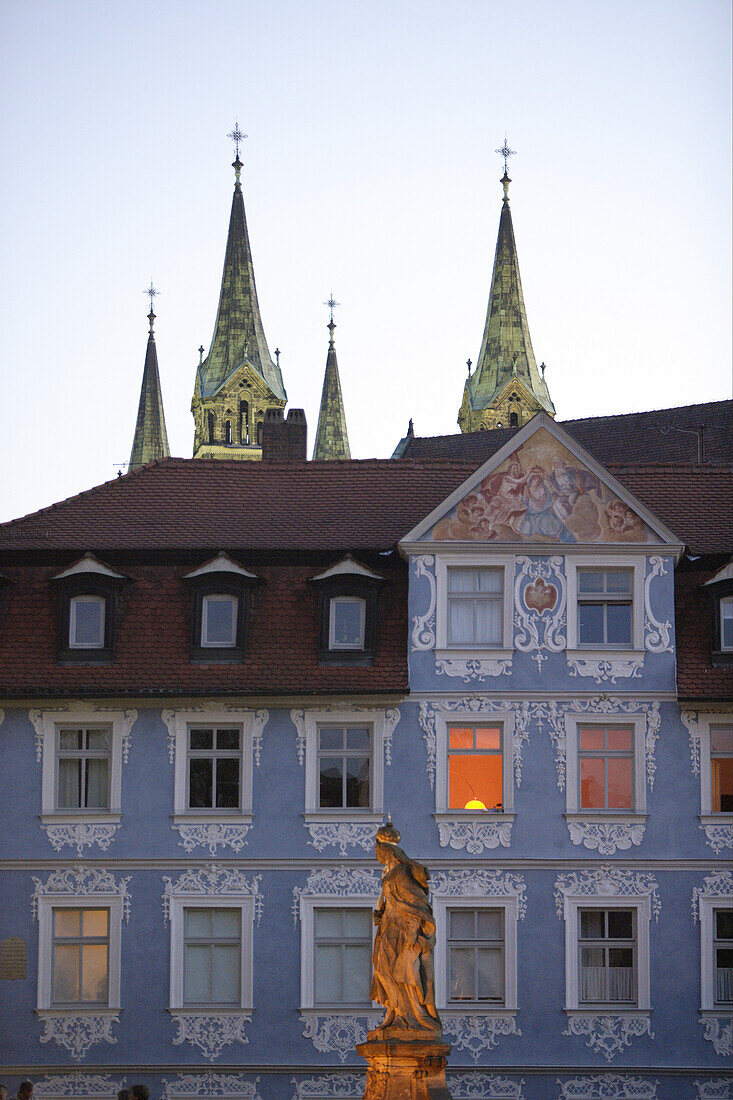 Cunigunde statue, cathedral in background, Bamberg, Upper Franconia, Bavaria, Germany