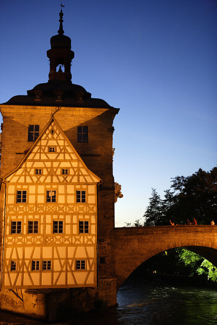 Old city hall and bridge over the Regnitz river, Bamberg, Upper Franconia, Bavaria, Germany