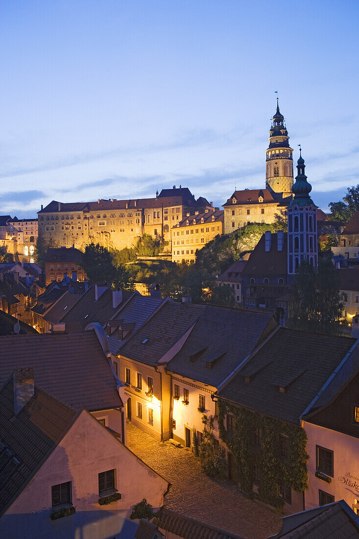 Panoramic view over the old town and the castle from the garden of the former Jesuit college, Cesky Krumlov, South Bohemian Region, Czech Republic