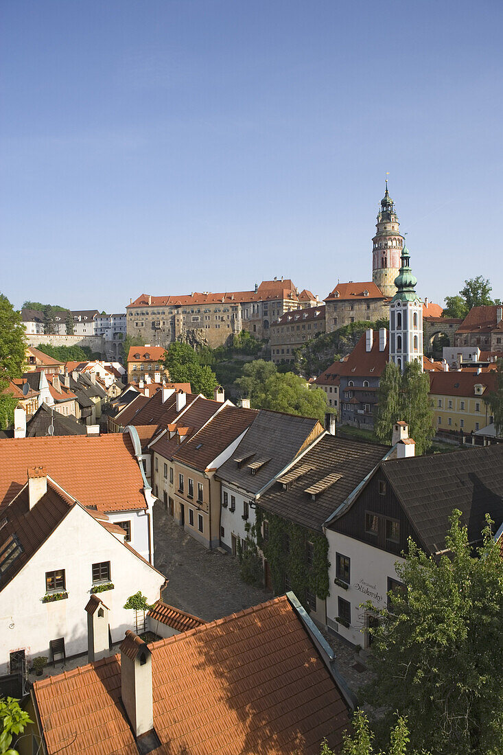 Panoramic view over the old town and the castle from the garden of the former Jesuit college, Cesky Krumlov, South Bohemian Region, Czech Republic