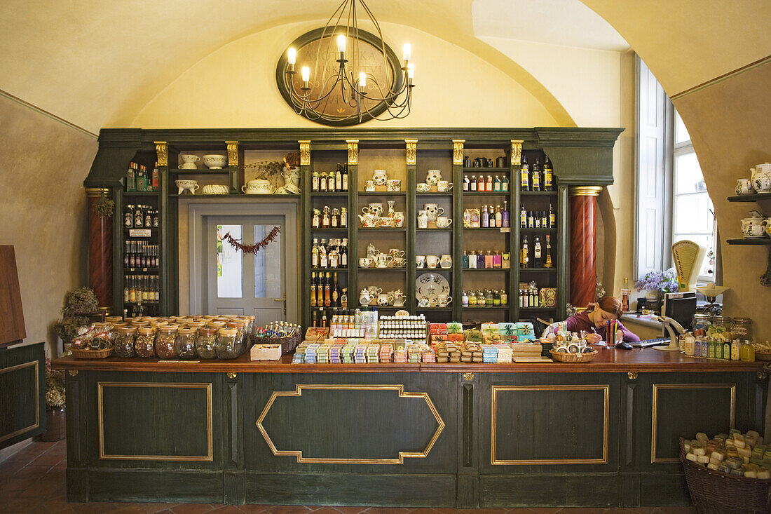 historic drugstore in the castle, Cesky Krumlov, South Bohemian Region, Czech Republic