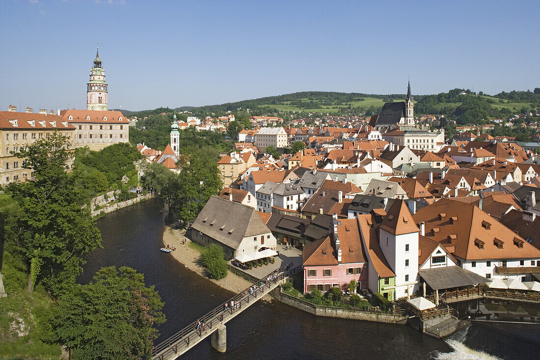 Panoramic view with the Vltava river, the castle and the church of St. Jost, Cesky Krumlov, South Bohemian Region, Czech Republic