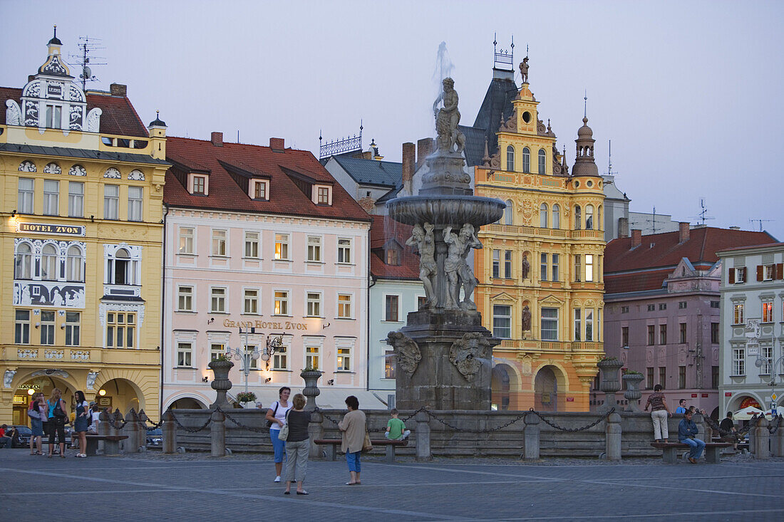 Main square with its Samson fountain, Cesky Budejovice, South Bohemia, Sumava, Czech republic