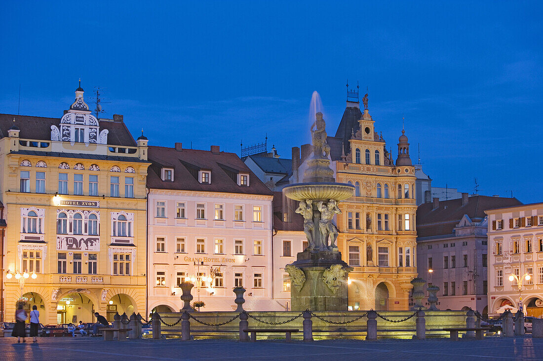 Main square with its Samson fountain, Cesky Budejovice, South Bohemia, Sumava, Czech republic