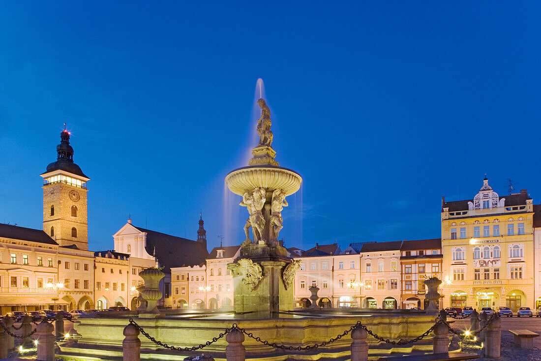 Main square with its Samson fountain, Cesky Budejovice, South Bohemia, Sumava, Czech republic