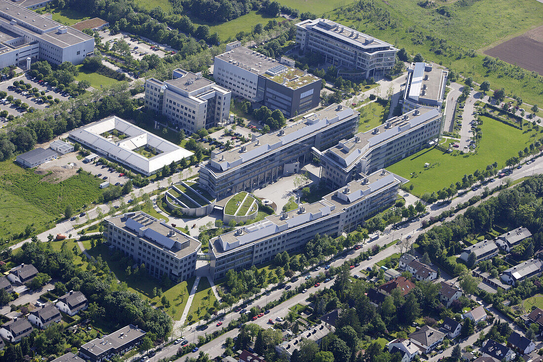 Aerial shot of the Max Planck Society building, Martinsried, Munich, Upper Bavaria, Bavaria, Germany
