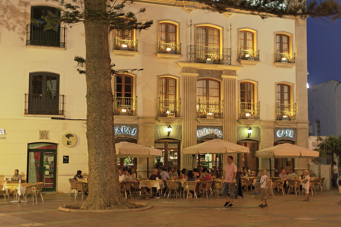 Hotel and bar at main square, Nerja, Andalusia, Spain