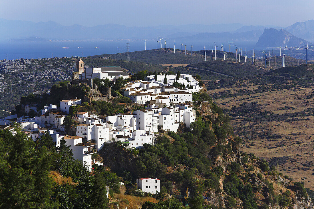 Aerial shot of Casares, Gibraltar in teh the back, Andalusia, Spain