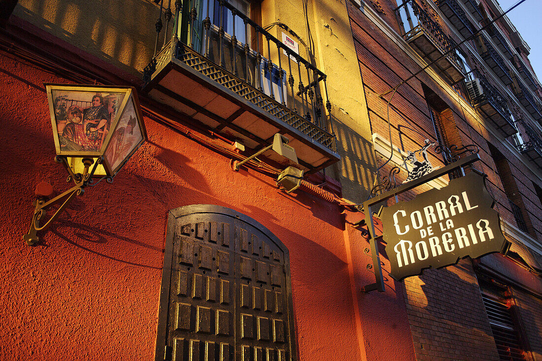 Exterior view of the flamenco restaurant Corral de la Maoreira in the evening, Madrid, Spain