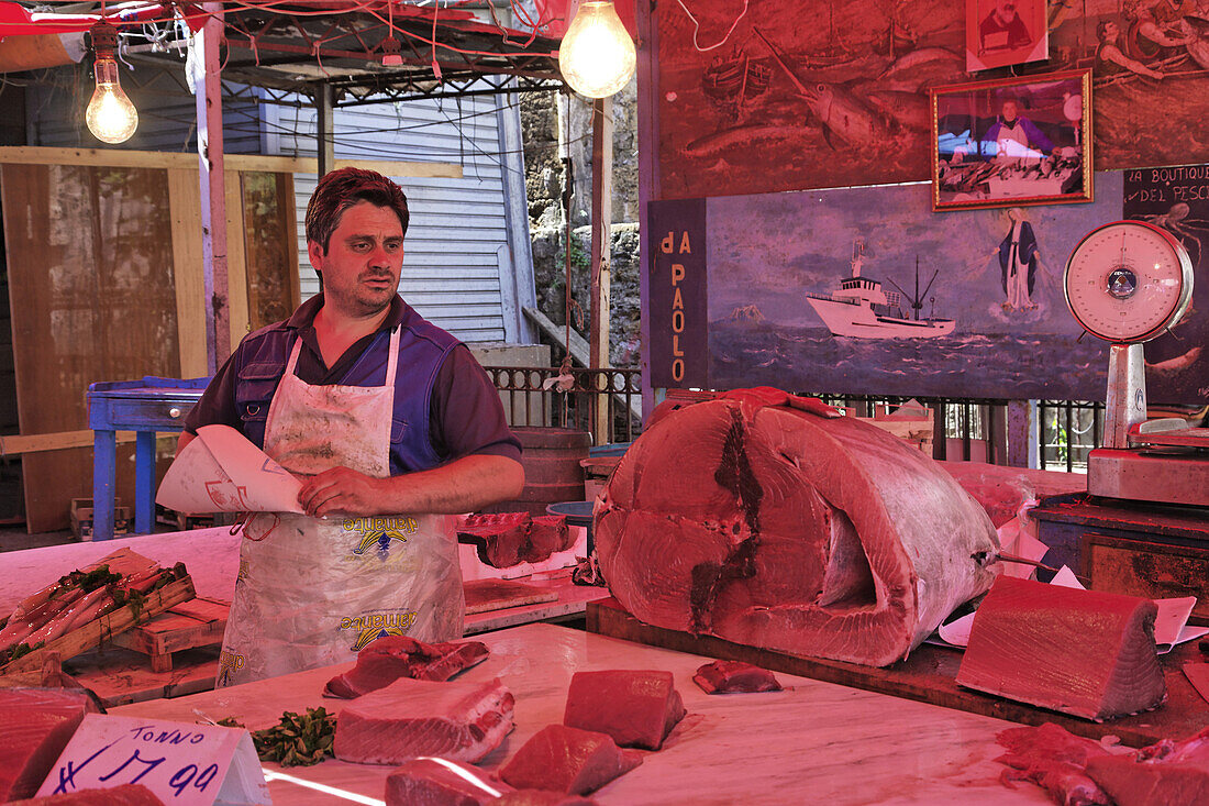 Fishmonger, Bollaro market, Palermo, Sicily, Italy