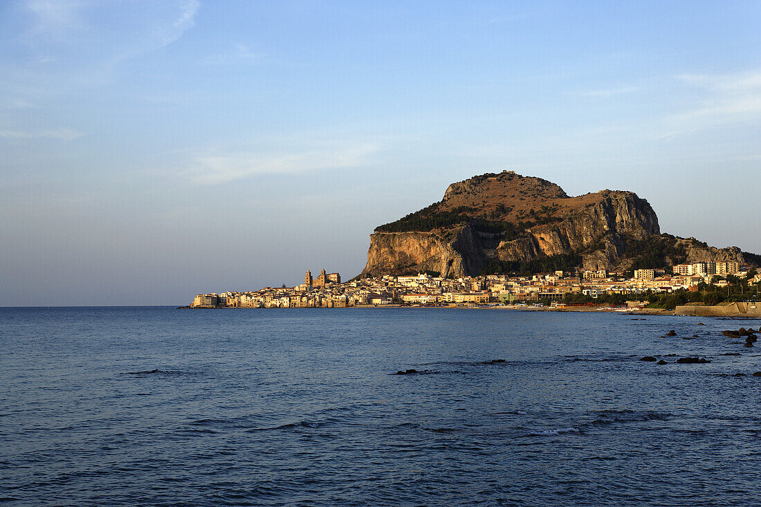 View to Cefalu with Rocca di Cefalu, Cefaly, Sicily, Italy