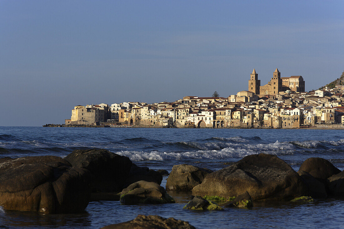 View to Cefalu with Rocca di Cefalu, Cefaly, Sicily, Italy