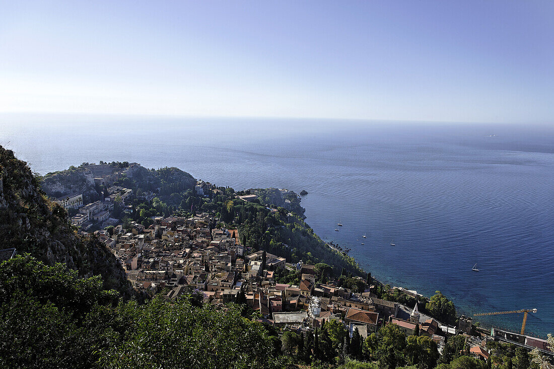 View over Taormina and Ionian Sea, Taormina, Sicily, Italy