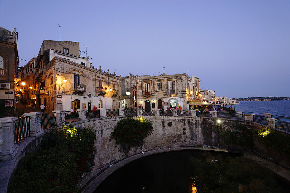 Fountain of Arethusa in the evening, Syracuse, Ortygia island, Sicily, Italy