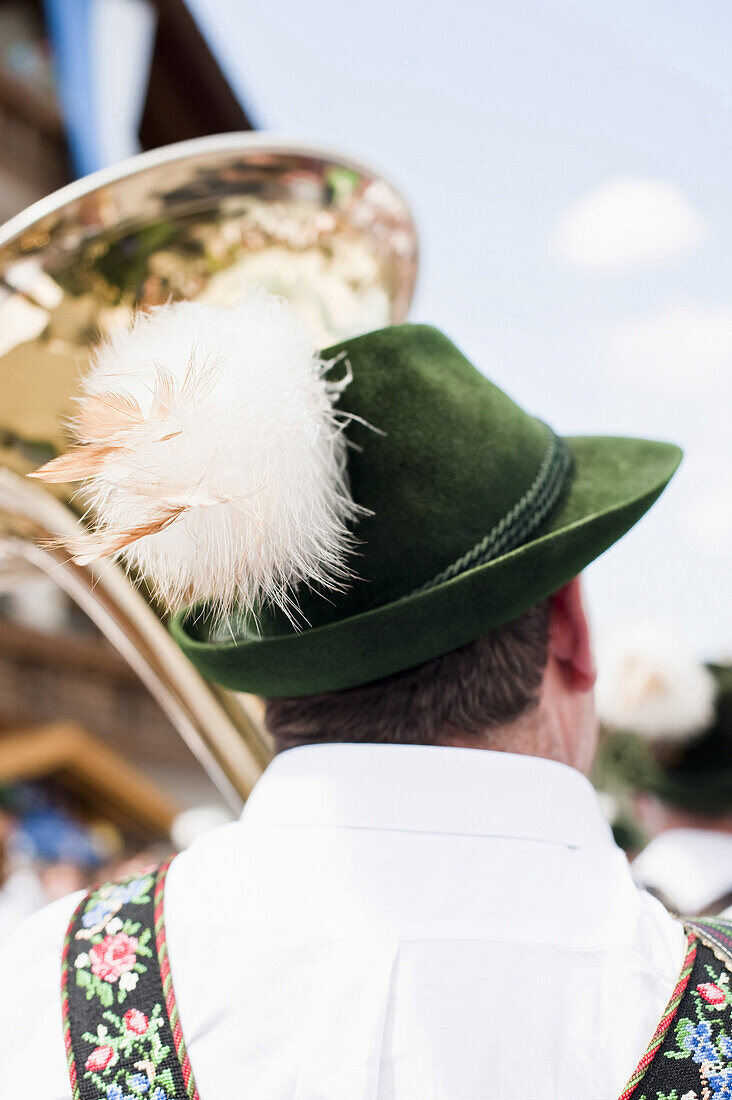 Musician wearing traditional hat, May Running, Antdorf, Upper Bavaria, Germany