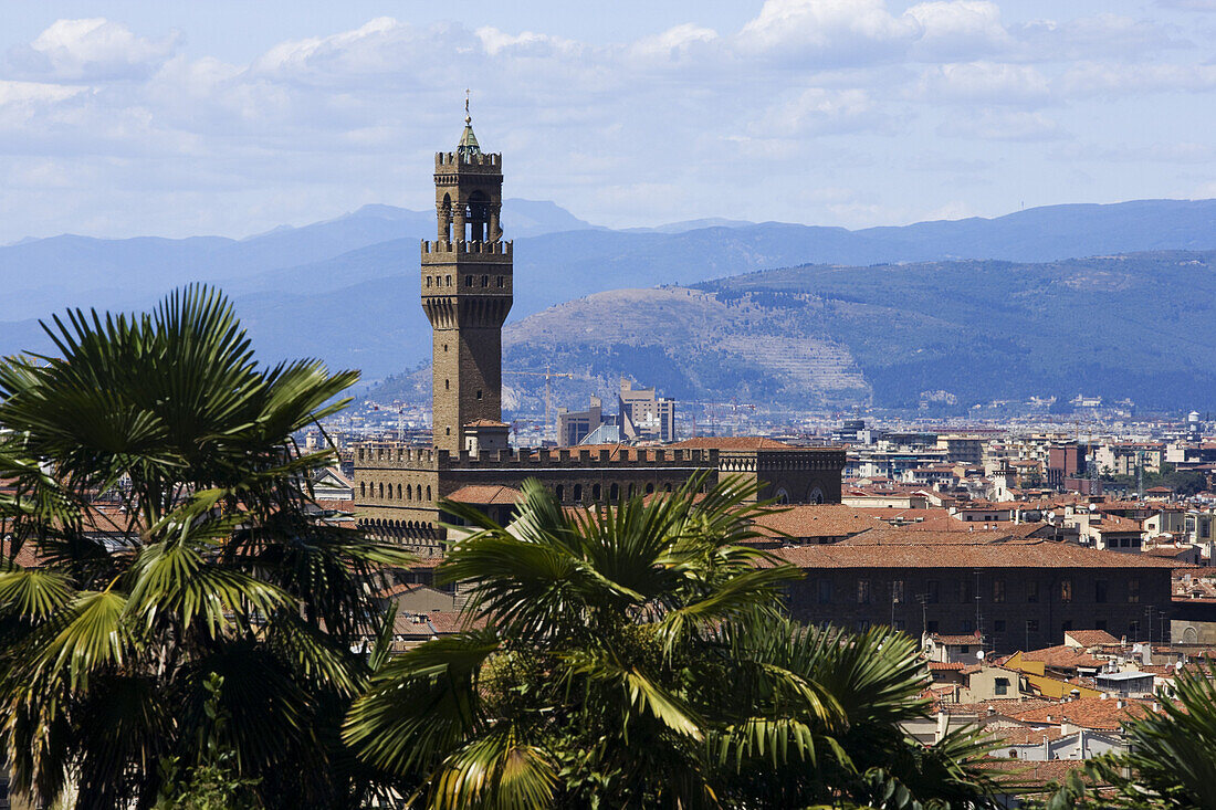 Blick von der Piazza Michelangelo auf die Dächer von Florenz und den Palazzo Vecchio, Florenz, Toskana, Italien