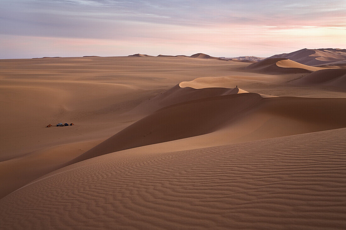 Sanddunes in the libyan desert with moon at dawn, Sahara, Libya, North Africa