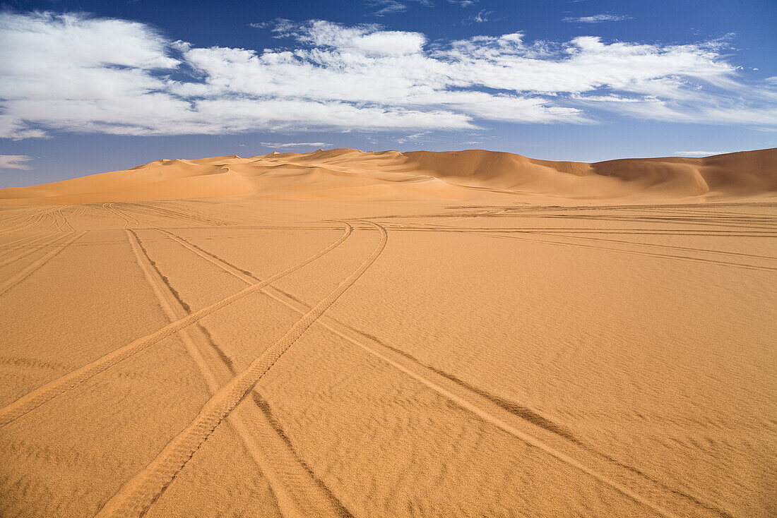 Car tracks in libyan desert, Libya, Sahara, North AfricaSahara, North Africa