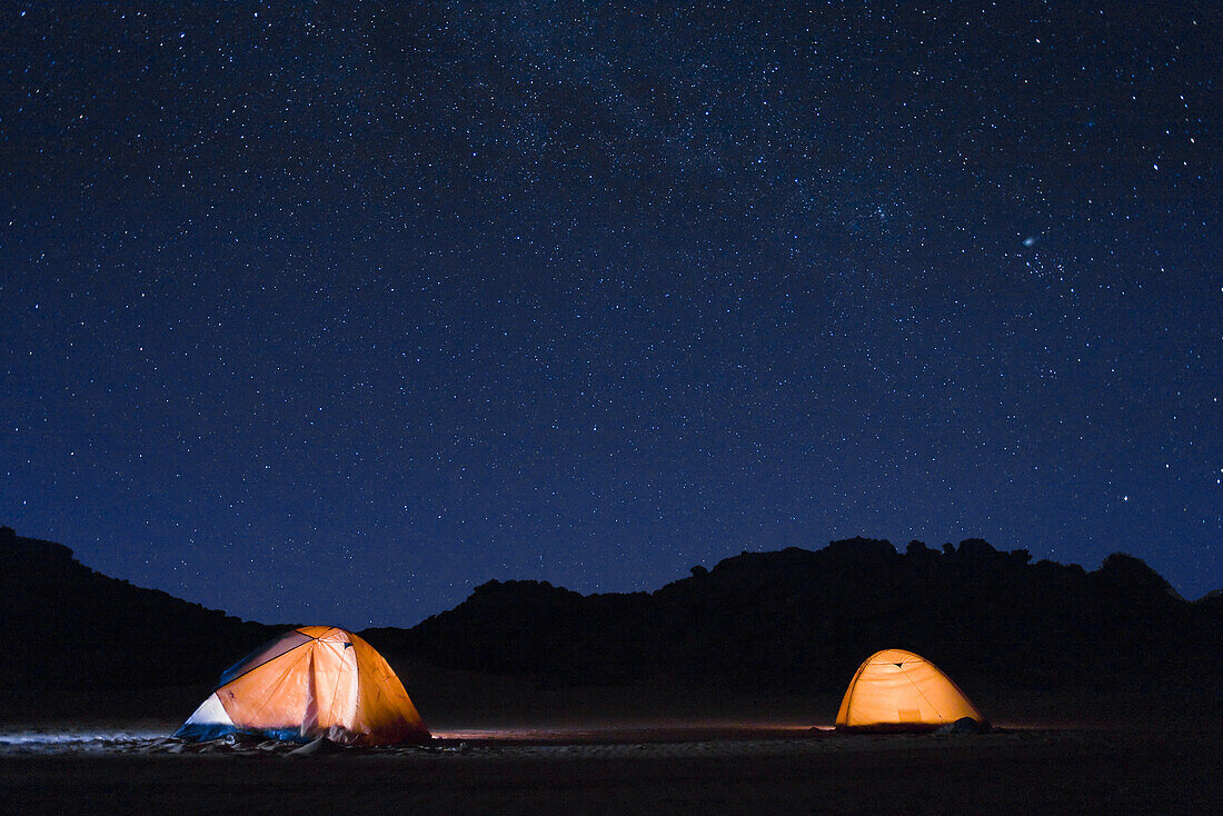 camping under the starry sky in the libyan desert, Libya, Africa