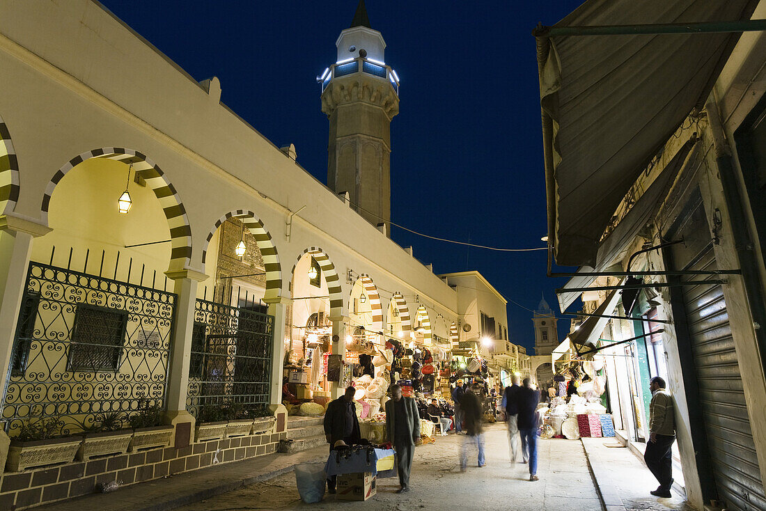 Mosque and shops in the Medina, Old Town, Tripoli, Libya, Africa