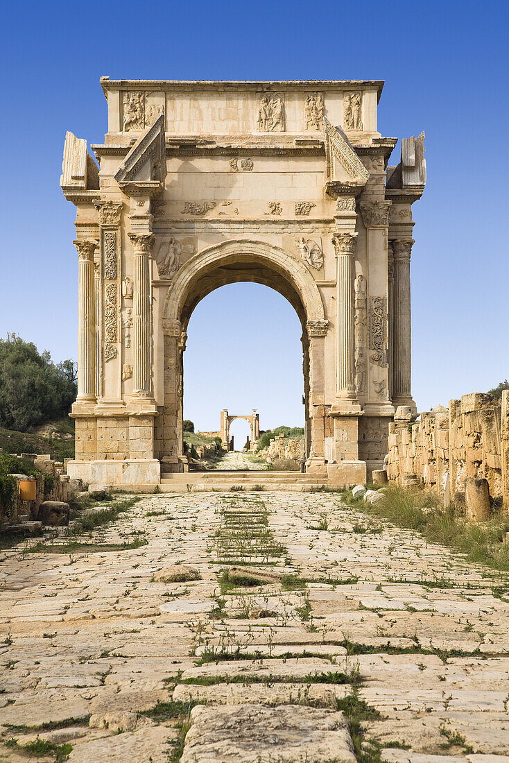 Arch of the roman Emperor Septimius Severus, Archaeological Site of Leptis Magna, Libya, Africa
