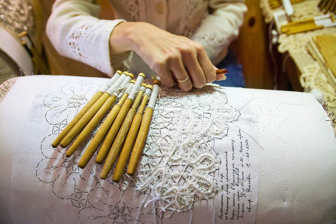 Lacemaking in Mandrogi village on the bank of Svir River, Russia