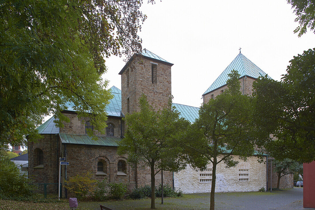 Lucius church in Roman style at Essen-Werden, Ruhrgebiet, North Rhine-Westphalia, Germany, Europe