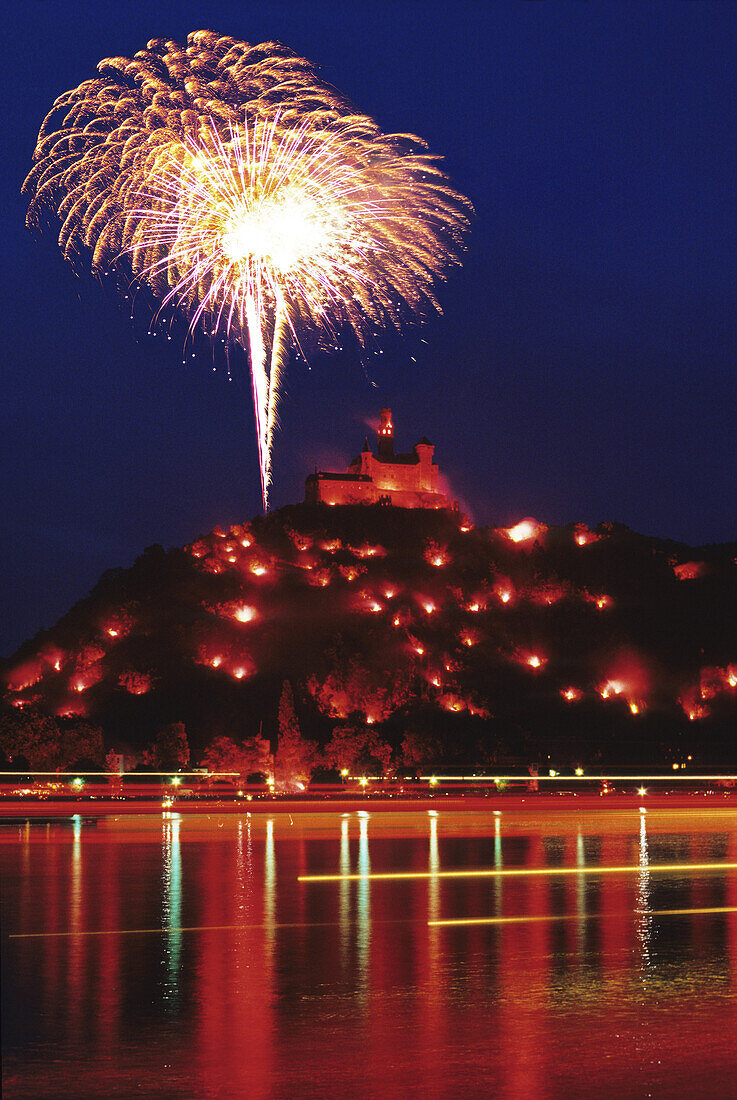 Fireworks near Marksburg castle, Rhein in Flammen, near Koblenz, Rhine, Rhineland-Palatinate, Germany