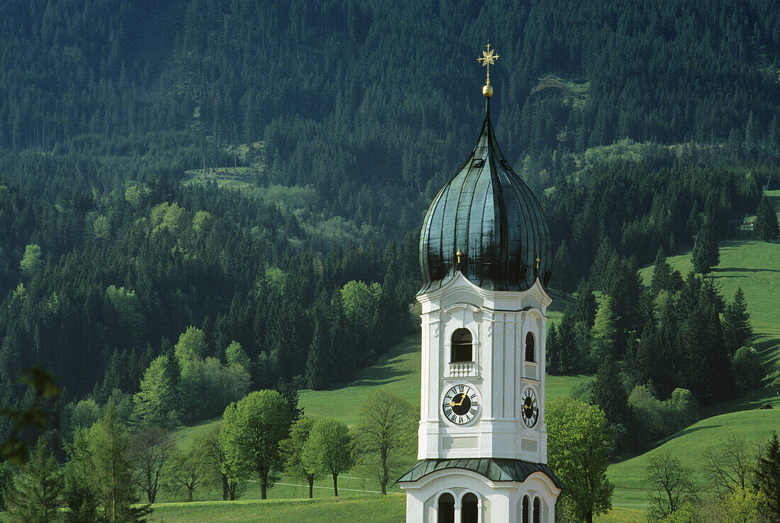 Church steeple of St. Andreas parish church, Nesselwang, Allgaeu, Bavaria, Germany