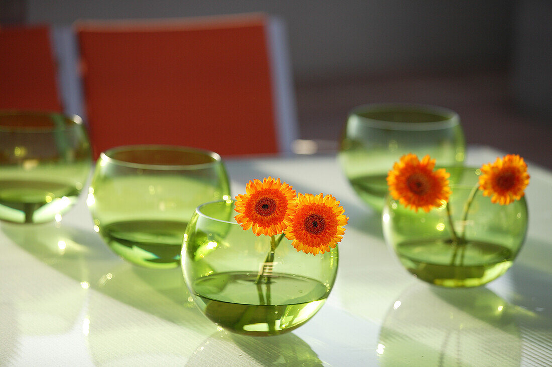 Green glass bowls with orange gerbera flowers
