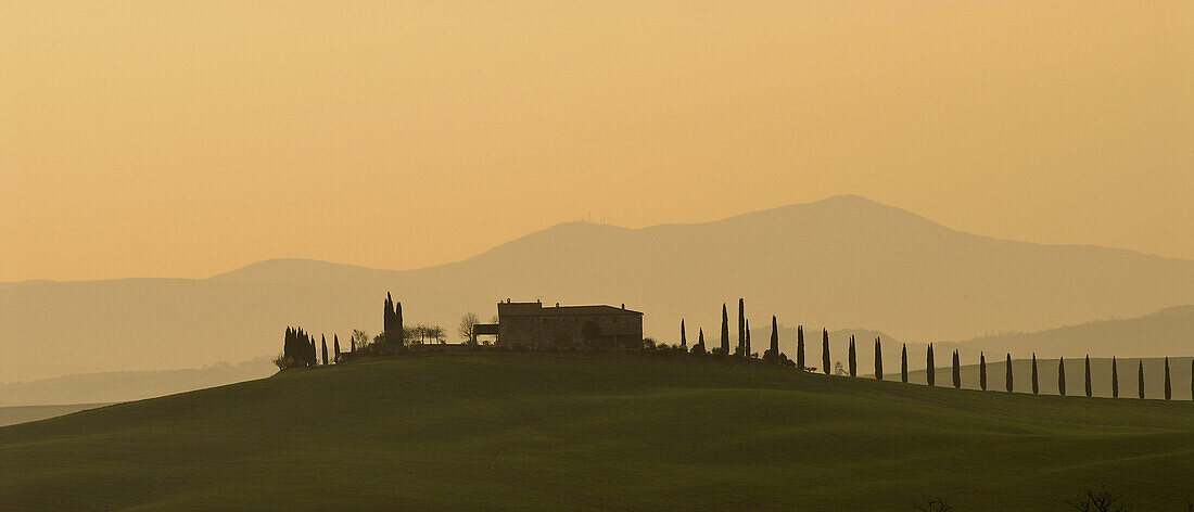 Landgut auf einem Hügel mit Zypressen Allee in typischer Landschaft der Crete, Toskana, Italien, Europa