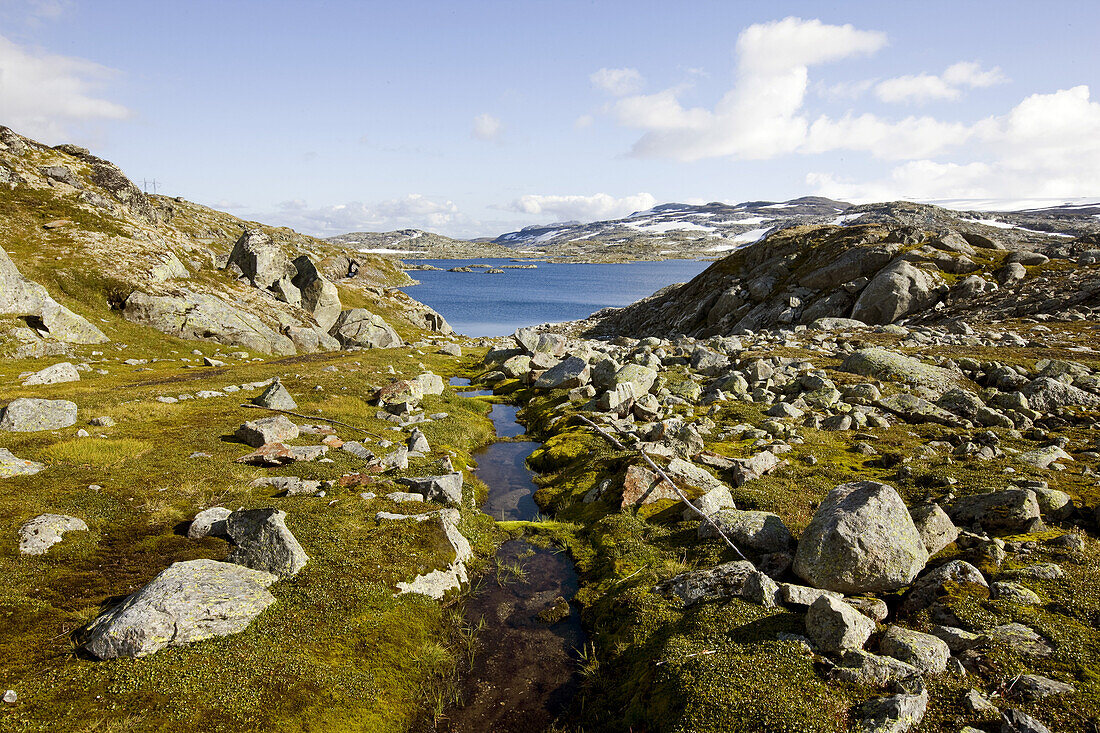 Barren landscape and a lake on the Rallarvegen, Hardangervidda national park, Hordaland, South of Norway, Scandinavia, Europe
